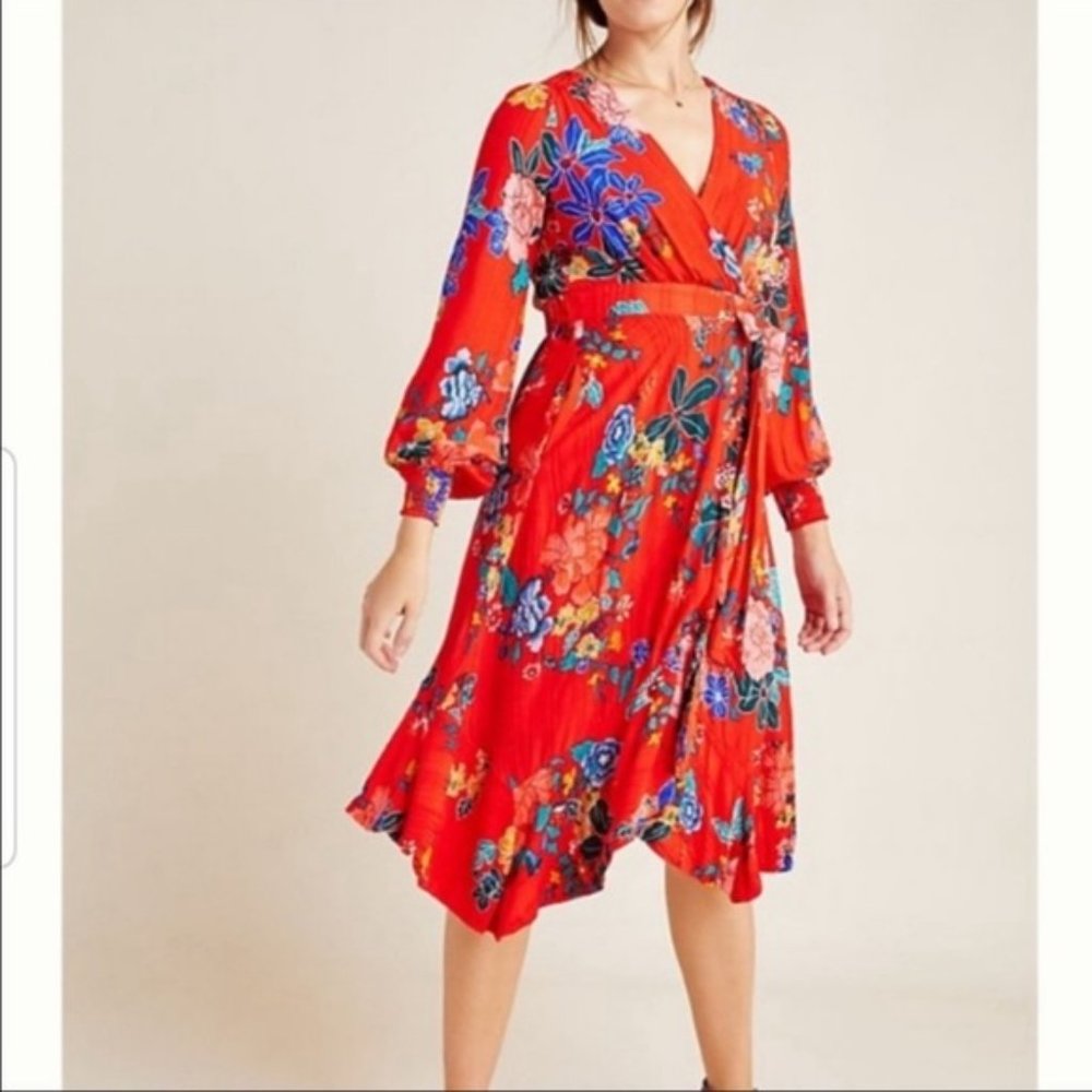 Anthropologie Boswell Red Floral Faux Wrap Dress